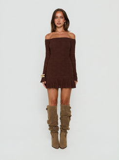 Vancesca Off Shoulder Long Sleeve Mini Dress Chocolate