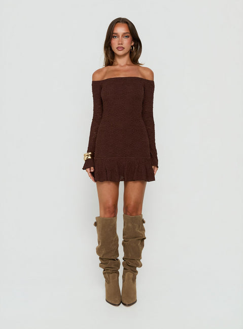 Vancesca Off Shoulder Long Sleeve Mini Dress Chocolate