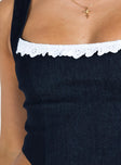 Crop top Dark wash denim Fixed shoulder straps Wide square neckline Lace trim Invisible zip fastening at back
