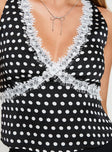 Polka dot crop top fixed shoulder straps, lace detail, invisible zip fastening at side