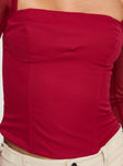 Red Long sleeve top Inner silicone strip at bust, boning through waist, zip fastening at backRed Long sleeve top Inner silicone strip at bust, boning through waist, zip fastening at back