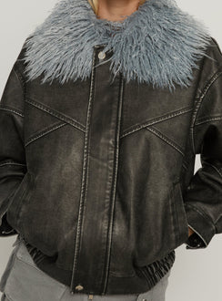 Brittanni Fluffy Collar Jacket Black / Blue