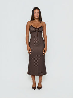 Delaney V Neck Frill Midi Dress Brown Brown / Pink Polka Dot | Princess Polly Delaney V Neck Frill Midi Dress Brown Brown / Pink Polka Dot | Princess Polly