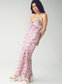 Front view of model wearing  front Princess Polly High Neck  Emily Maxi Dress Pink Floral Petite