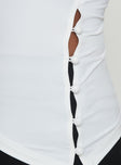 Strapless top Asymmetrical hem, split hem at die, button detail Good stretch, lined bust Princess Polly Lower Impact 