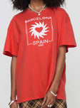 Front view of model wearing  front Princess Polly Half Sleeves Crew Neck  Party In Barcelona Oversized Tee Red