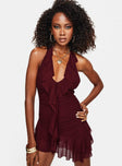 front view of model wearing Princess Polly Gina Asymmetric Mini Dress Burgundy Plunger 