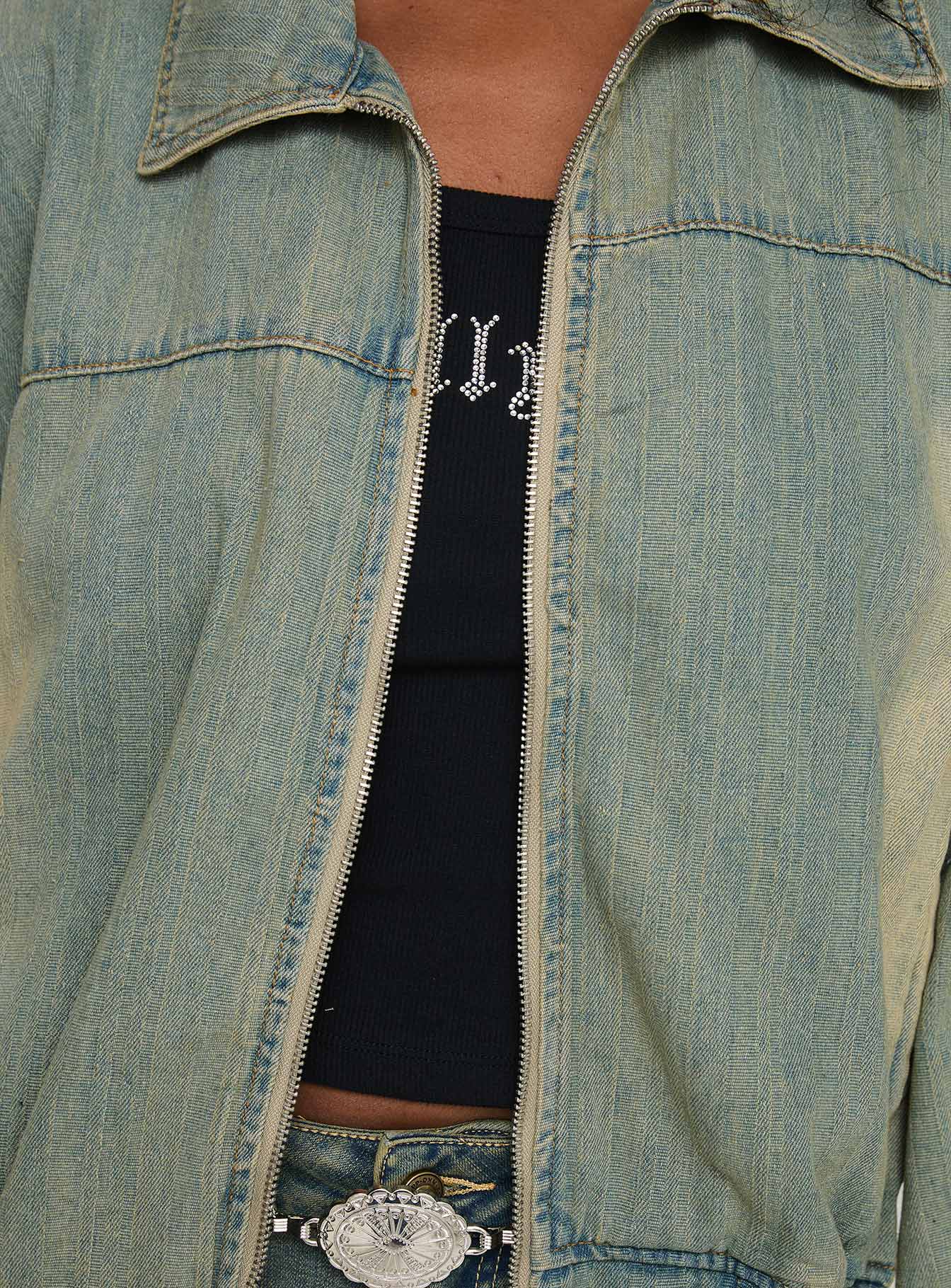 Denim bomber jacket Oversized fit, classic collar, exposed zip fastening, elasticated waistband Non-stretch material, fully lined  