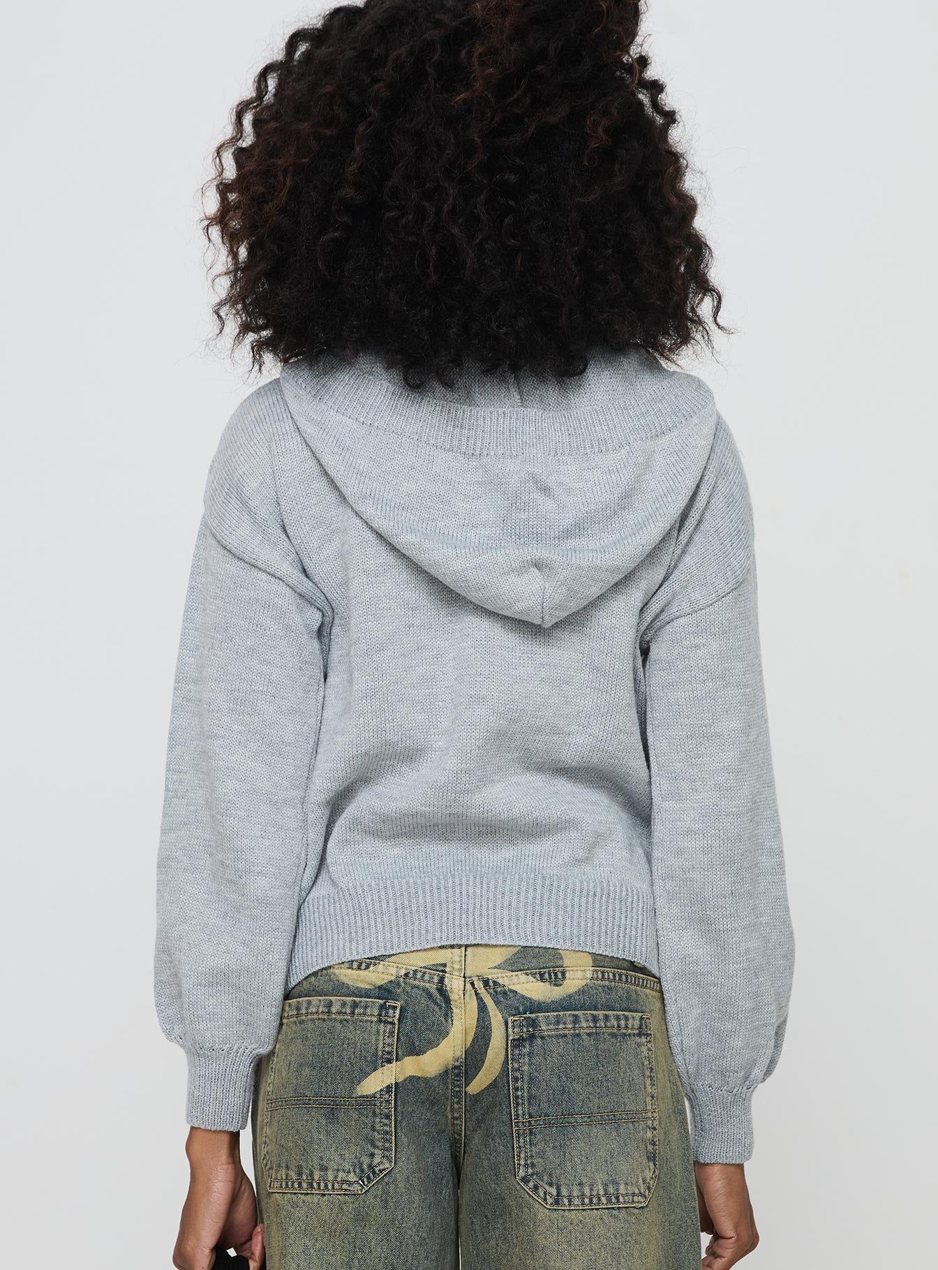 back view of model wearing Princess Polly Morrigan Zip Up Hooded Sweater Grey Marle Cropped 