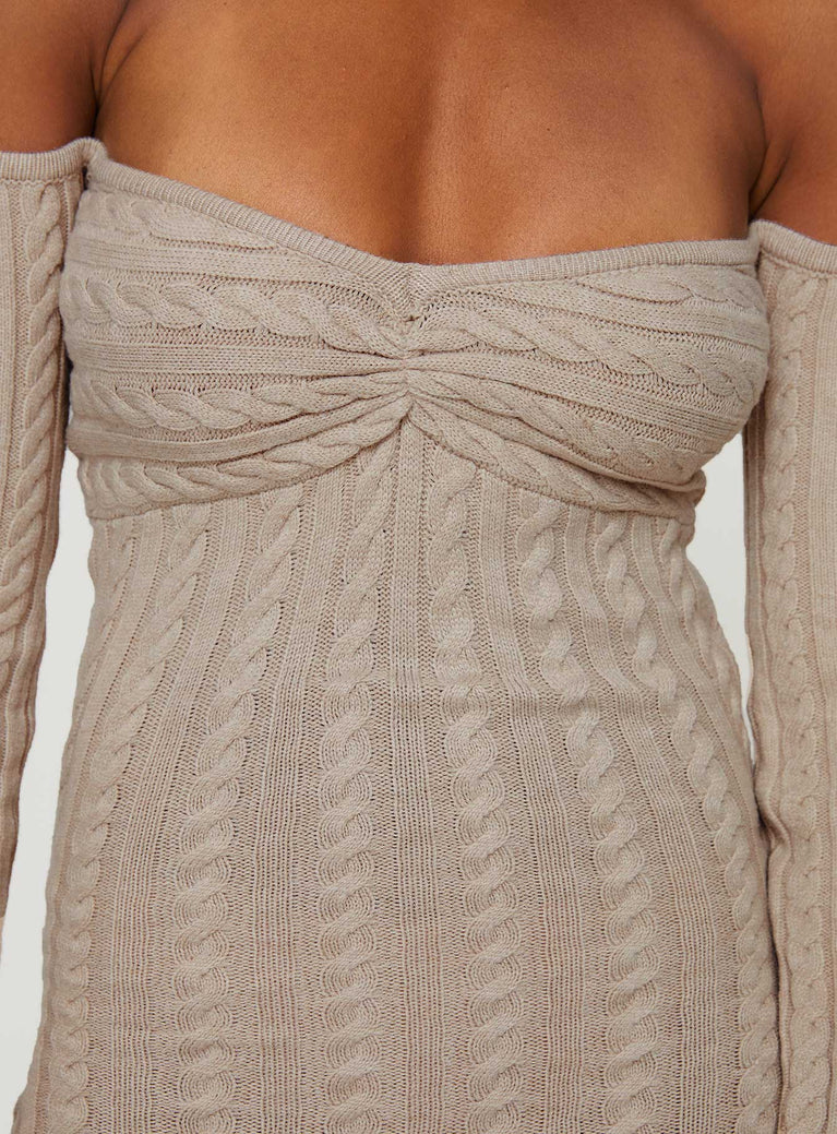 RIBBED KNIT OFF-SHOULDER SHORT-SLEEVE MINI DRESS - LIGHT BEIGE