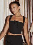 Crop top Fixed shoulder straps, square neckline, bow detail at bust, boning throughout, curved hem, zip fastening at back