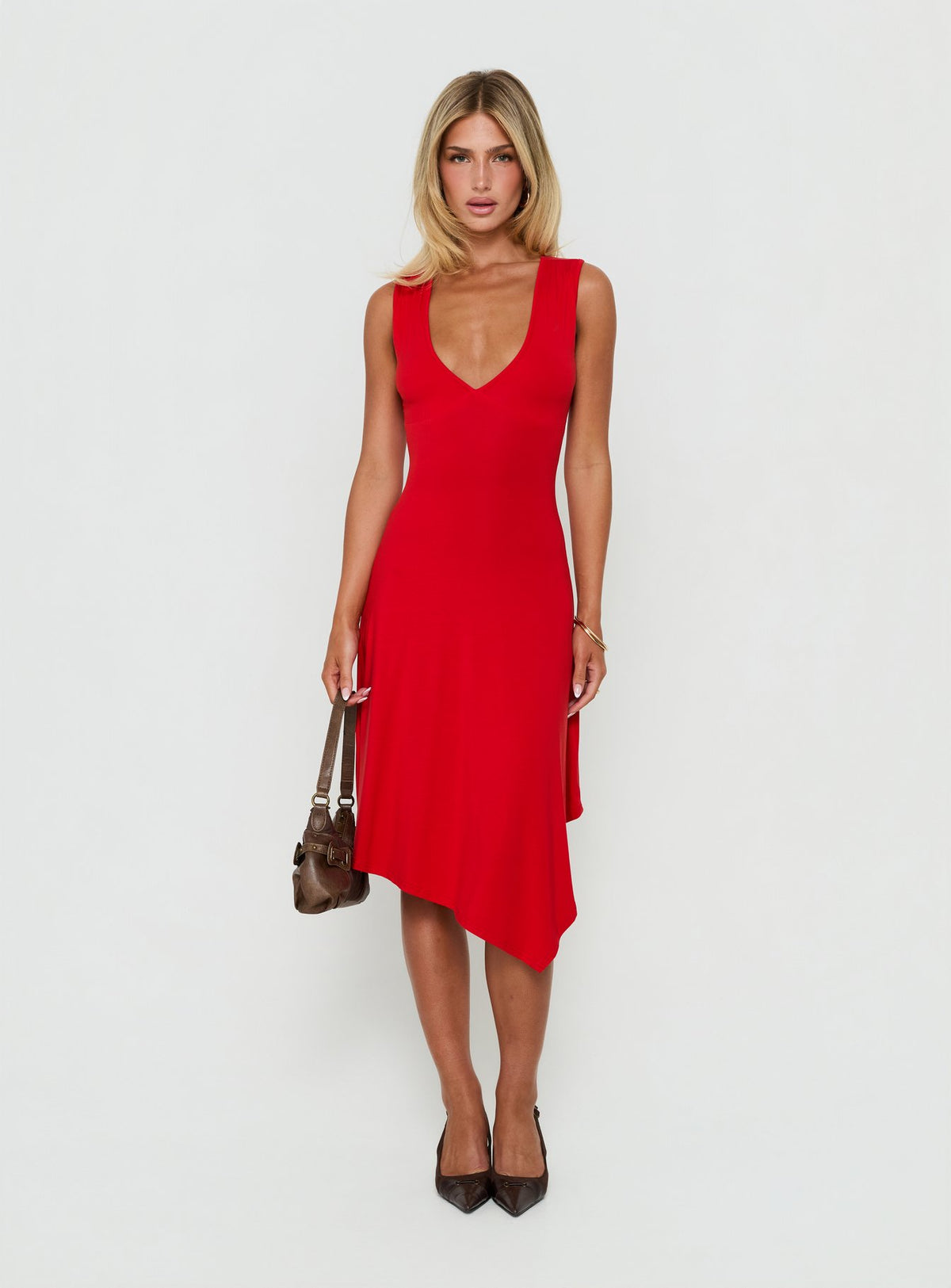 Louisia V Neck Hanky Hem Midi Dress Red
