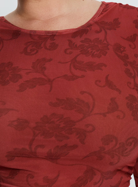 People Watching Long Sleeve Top Red Floral Curve