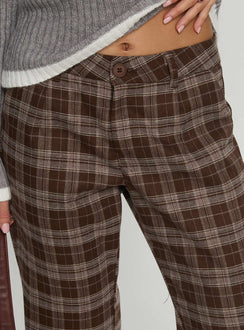side view of model wearing Princess Polly Emiroki Straight Leg Pants Brown Check Mid Rise Pants 