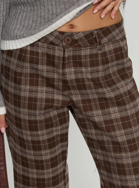 side view of model wearing Princess Polly Emiroki Straight Leg Pants Brown Check Mid Rise Pants 