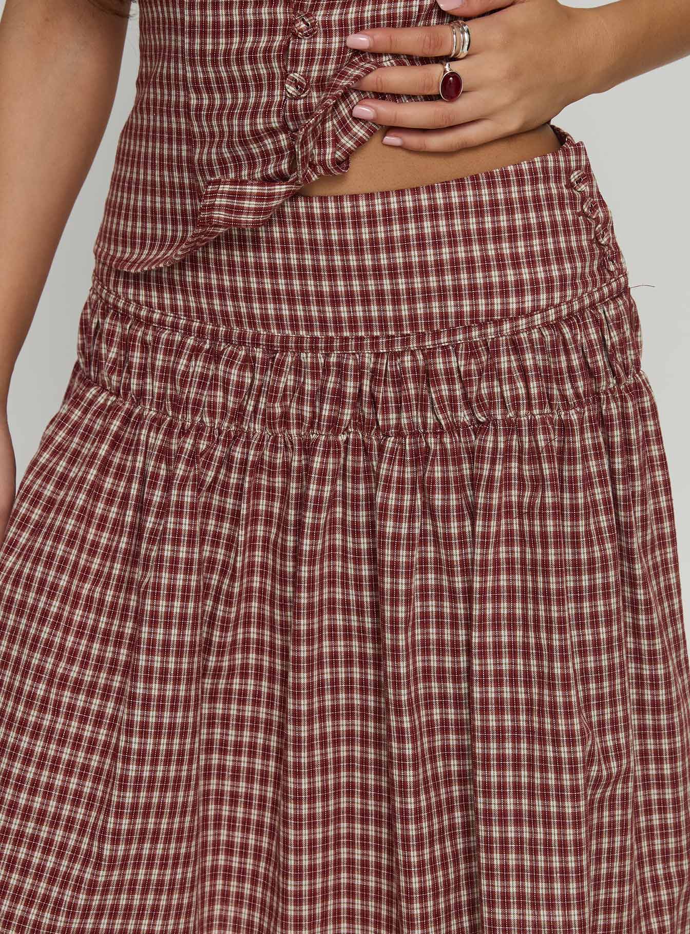 Alixandra Ruched Midi Skirt Red Check | Princess Polly