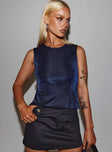 front view of model wearing Princess Polly Uzo Top Navy Lower Impact Sleeveless Crew Neck 