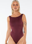 Bodysuit Scooped neckline Low back High cut leg Good stretch Fully lined