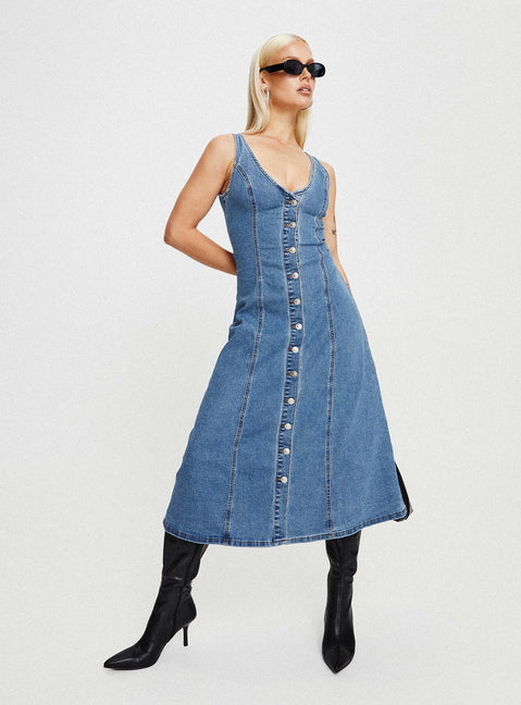 Midler Denim Midi Dress Mid Blue | Princess Polly Midler Denim Midi Dress Mid Blue | Princess Polly