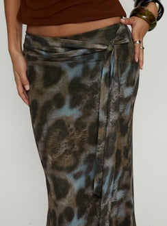 back view of model wearing Princess Polly Caviar Tie Maxi Skirt Leopard 