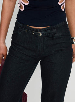 Slow Ride Mid Rise Bootleg Belted Jeans Dark Indigo Blue Mid Rise Jeans 