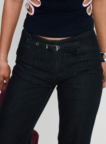 Slow Ride Mid Rise Bootleg Belted Jeans Dark Indigo Blue