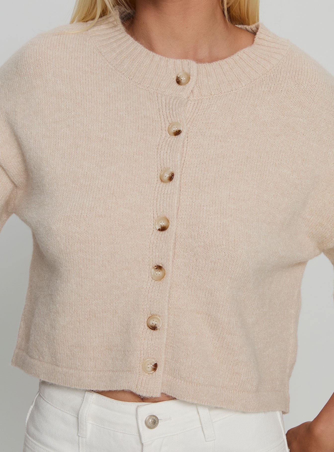 back view of model wearing Princess Polly Verina Short Sleeve Knit Cardigan Oat cropped 
