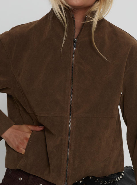 Jessalynn Faux Suede Zip Through Jacket Brown