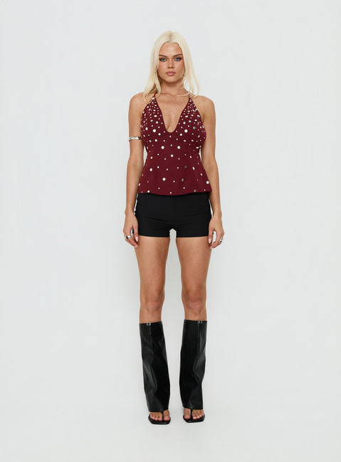 Tekapo Studded V-Neck Top Burgundy