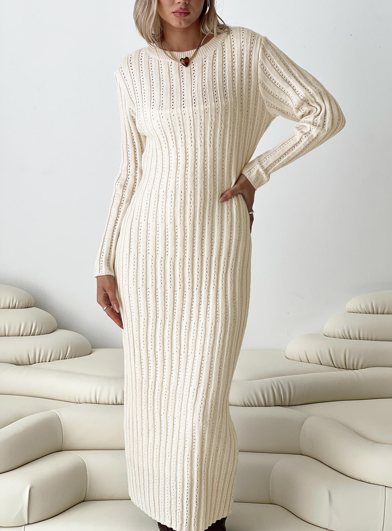 Front view of model wearing  front Princess Polly Crew Neck  Rahne Long Sleeve Knit Maxi Dress Cream