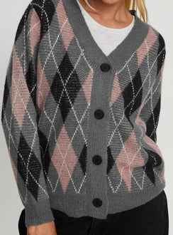 back view of model wearing Princess Polly Zeeva Button Through Knit Cardigan Grey Argyle Long 