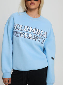 front view of model wearing Princess Polly Columbia Offside Crewneck Sweatshirt Blue Long 