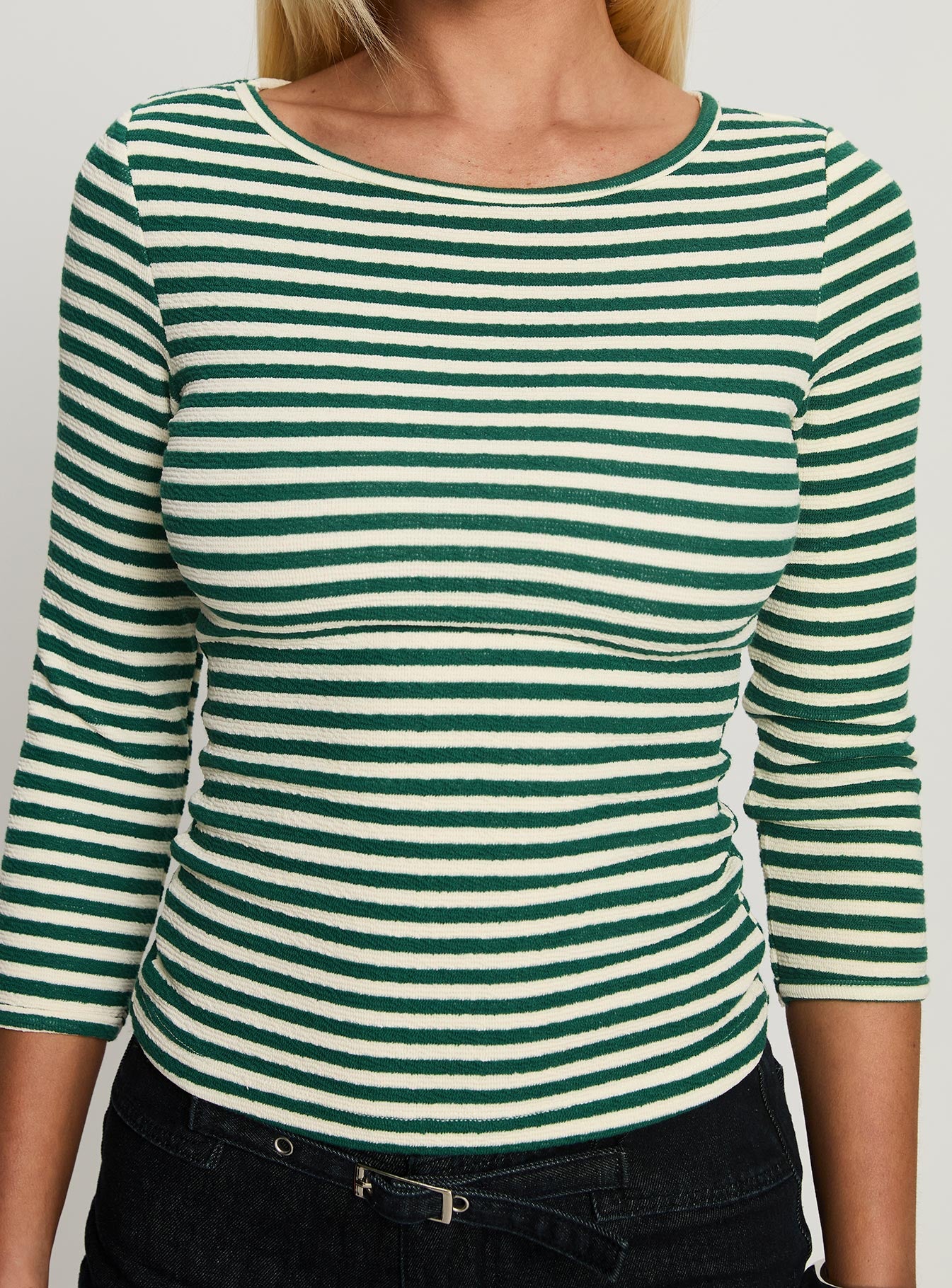 Missouri 3/4 Sleeve Textured Top Green Stripe