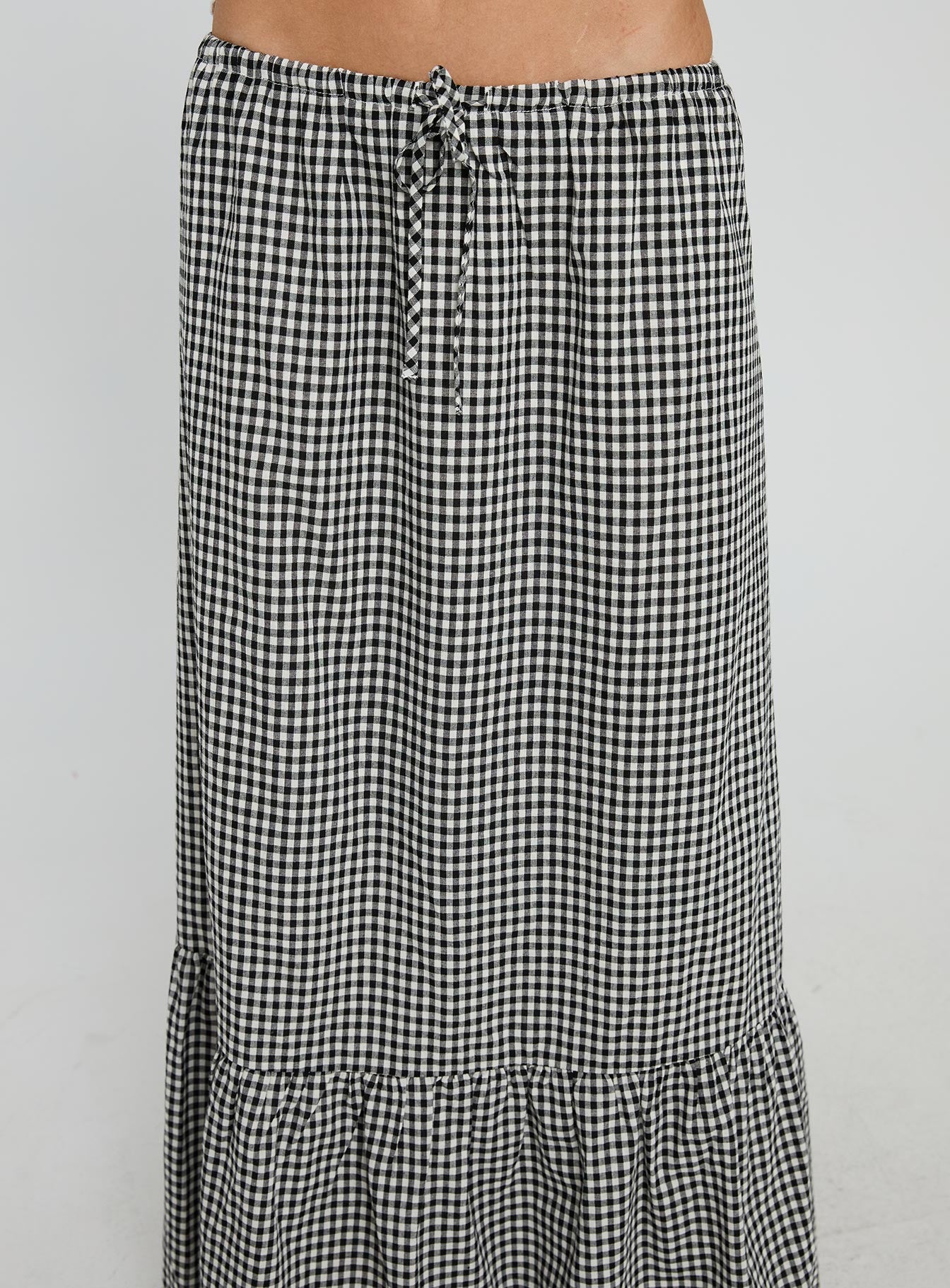 back view of model wearing Princess Polly Modern Girl Maxi Skirt Black / White Gingham Maxi 