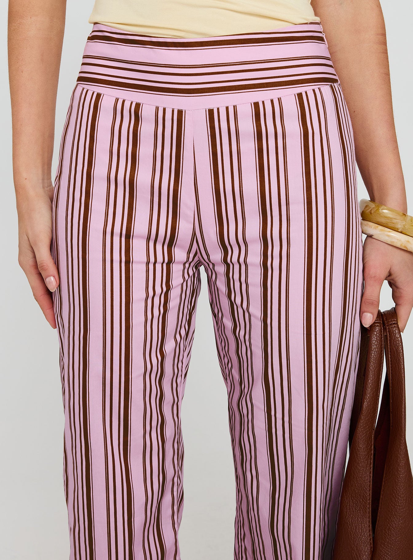 front view of model wearing Princess Polly Leocadie Pants Pink Stripe High Waisted Pants 