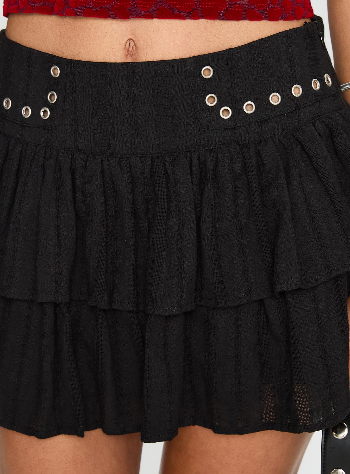 back view of model wearing Princess Polly Fire Sign Studded Tiered Mini Skirt Black Mini Skirts 