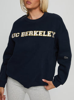 front view of model wearing Princess Polly UC Berkeley Offside Crewneck Sweatshirt Navy 