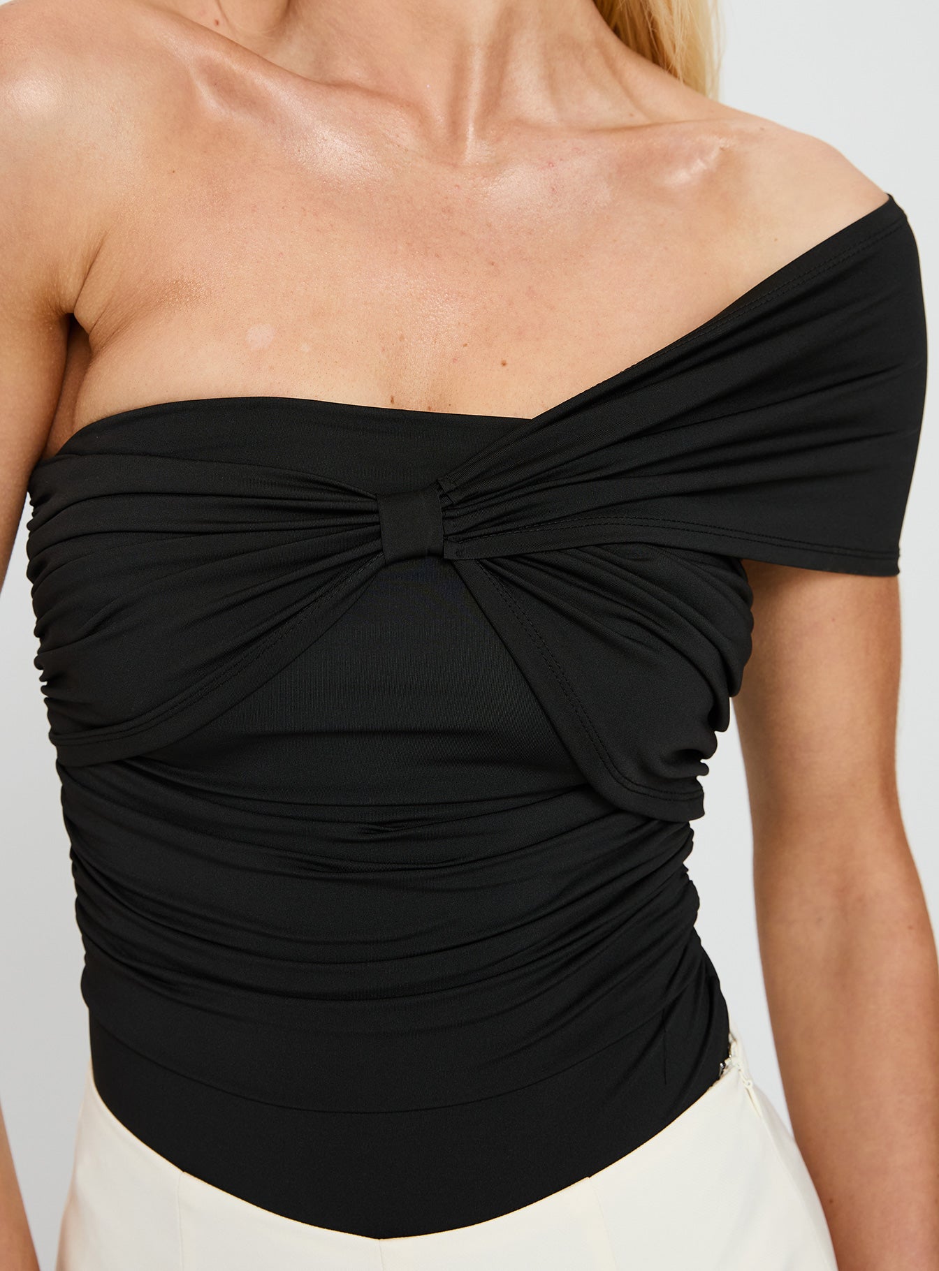 back view of model wearing Princess Polly The Real Thing One Shoulder Bodysuit Black Sleeveless 