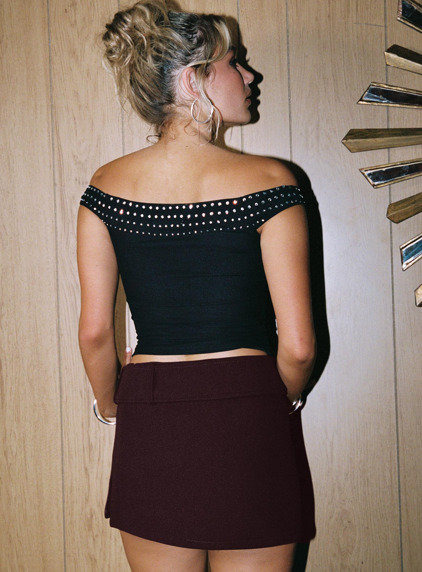 back view of model wearing Princess Polly Jewels Off The Shoulder Top Black Sleeveless straight 
