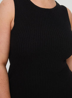 back view of model wearing Princess Polly Osment Knit Mini Dress Black Curve Crew Neck 