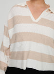 Knit sweater beige and white Striped design, classic collar