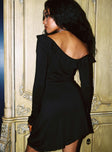 side view of model wearing Princess Polly Bewitched One Shoulder Mini Dress Black Asymmetric Neckline 