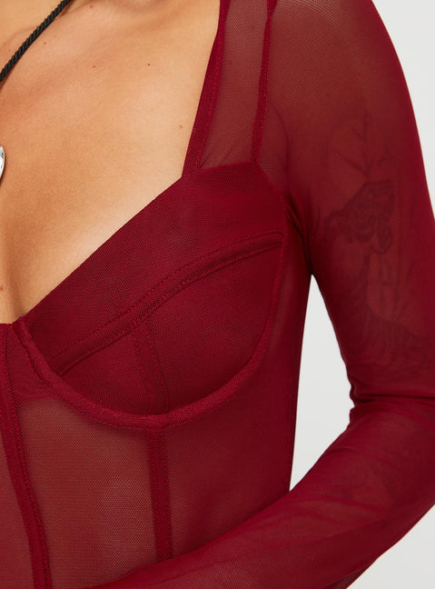 back view of model wearing Princess Polly Leonie Bodysuit Burgundy Full Sleeves 