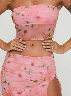 Matching set Mesh material, floral print, strapless style, inner silicone strip at bust, elasticated waist, split in hem Good stretch, fully lined  Princess Polly Lower Impact 