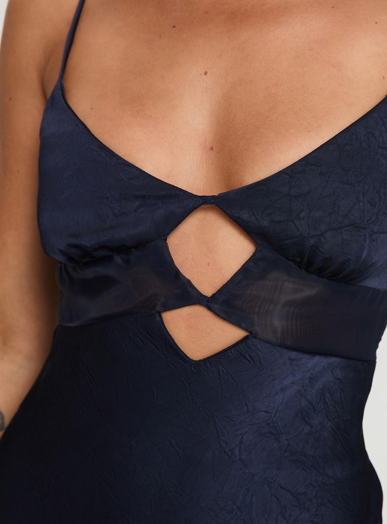 back view of model wearing Princess Polly Leroux Maxi Dress Navy Sweetheart Neckline 