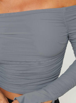 back view of model wearing Princess Polly Moreno Off The Shoulder Top Blue Full Sleeves straight 