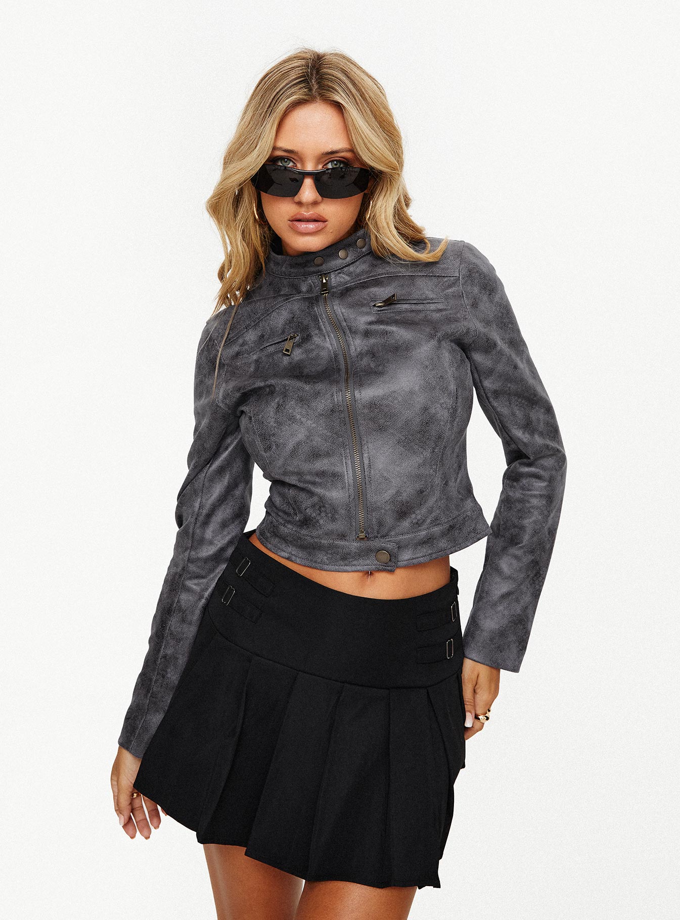 Moto jacket Faux leather material, double chest pockets, brass-toned hardware Zip & button fastenings