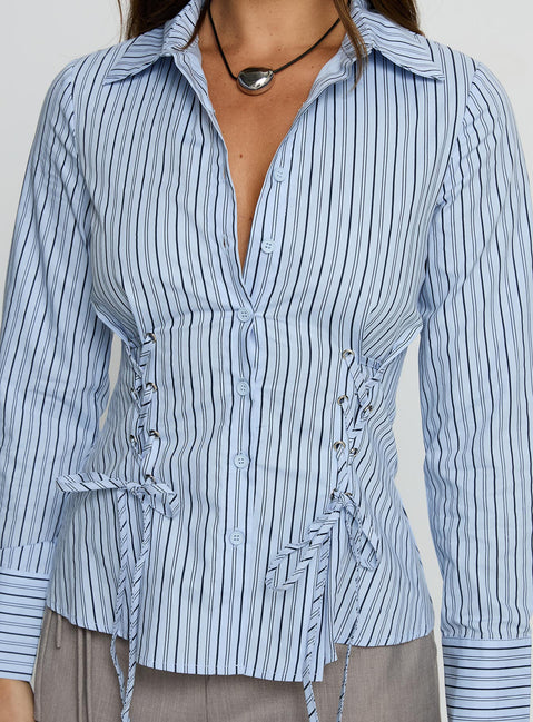 Sunisa Tie Detail Long Sleeve Top Blue Stripe