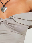Off-the-shoulder top Two tired folded neckline frill detail, twist detail at bust, inner silicone strip at bust elasticated back Good stretch, lined at bust