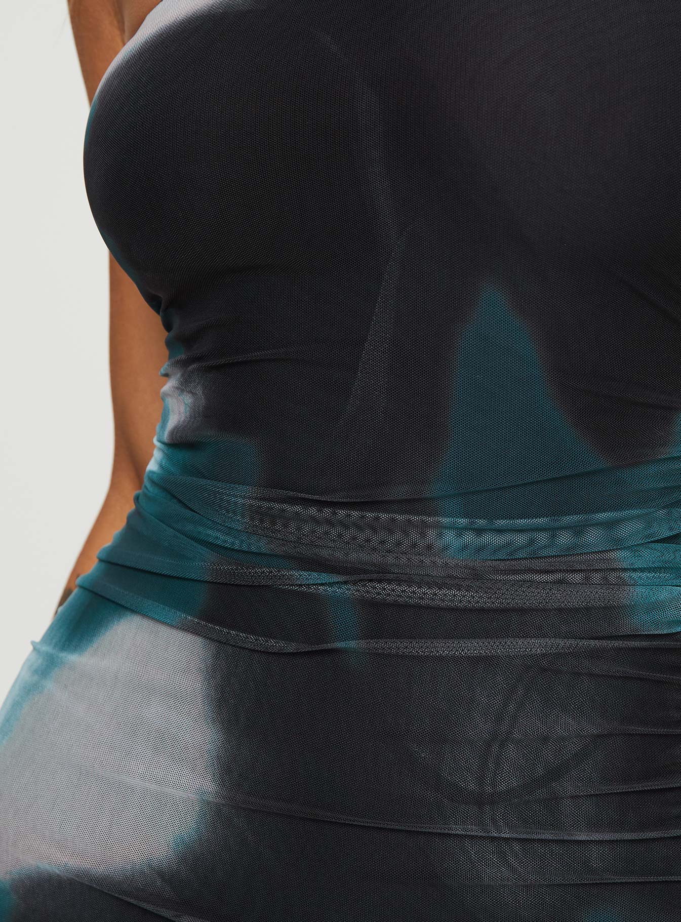 back view of model wearing Princess Polly Micah Mini Dress Navy Multi Petite Straight Neck 